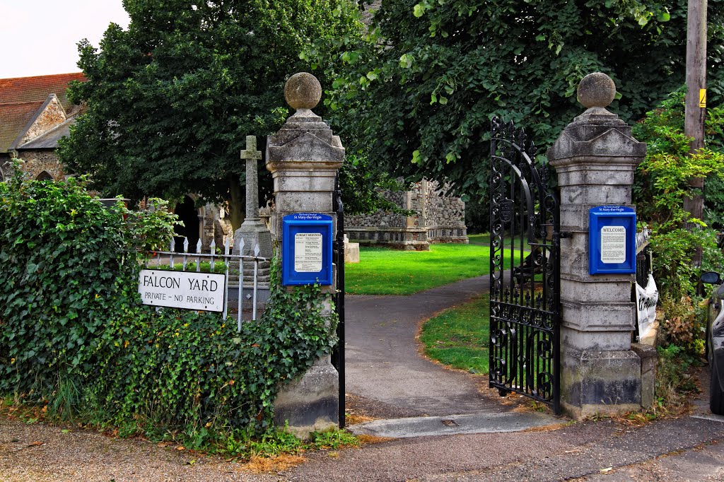 Wivenhoe church entrance gates, St Mary the Virgin, Wivenhoe, Colchester, Essex, Aug 2012 by keithb