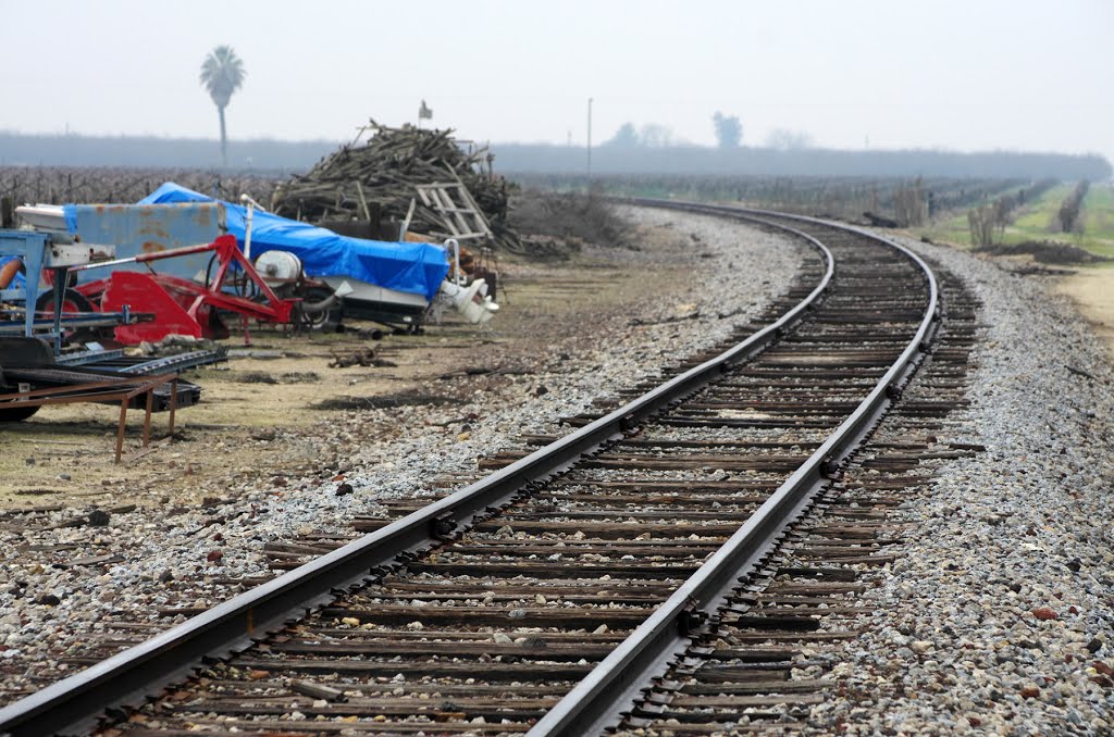 The San Joaquin Valley Railroad tracks cross N Westlawn Ave and start to head SW towards 180 just west of Rolinda where they cross the highway, 2/2013 by David Husted