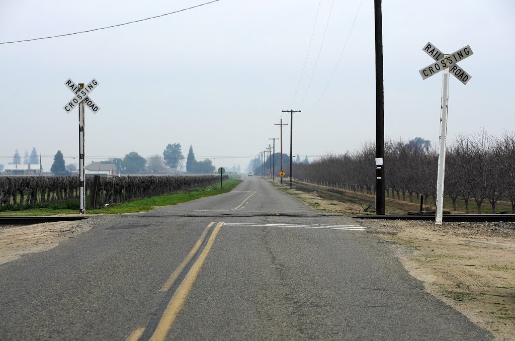 The San Joaquin Valley Railroad tracks cross N Westlawn Ave and start to head SW towards 180 just west of Rolinda where they cross the highway, 2/2013 by David Husted