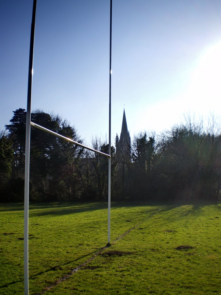 Llandaff rugby pitch with the cathedral in the backround by Gareth.Stadden