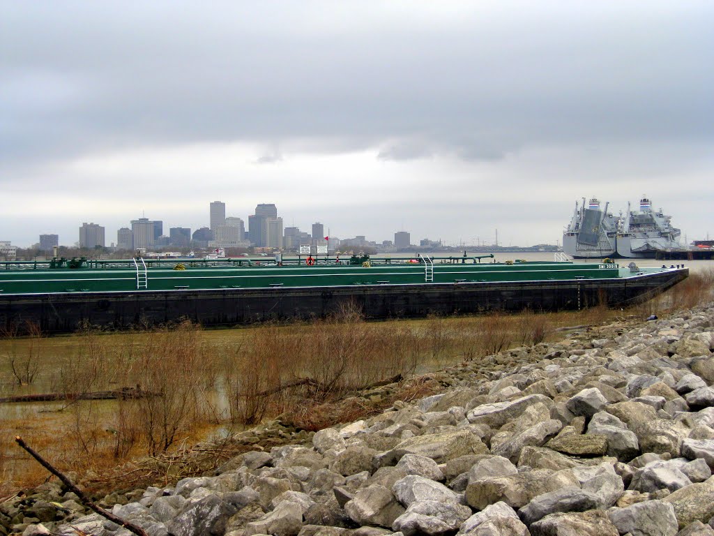 River Barges, New Orleans Skyline by feral rhetor