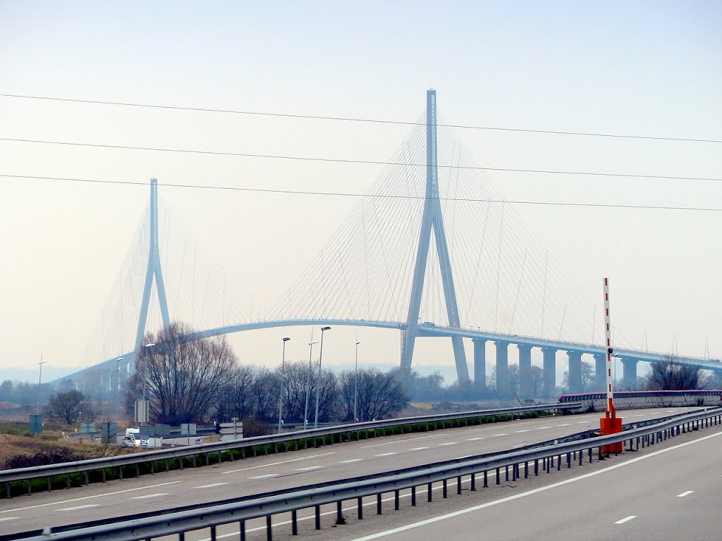 France, le Pont de Normandie du côté de Honfleur dans la brume d'une Hauteur 215 m by Roger-11