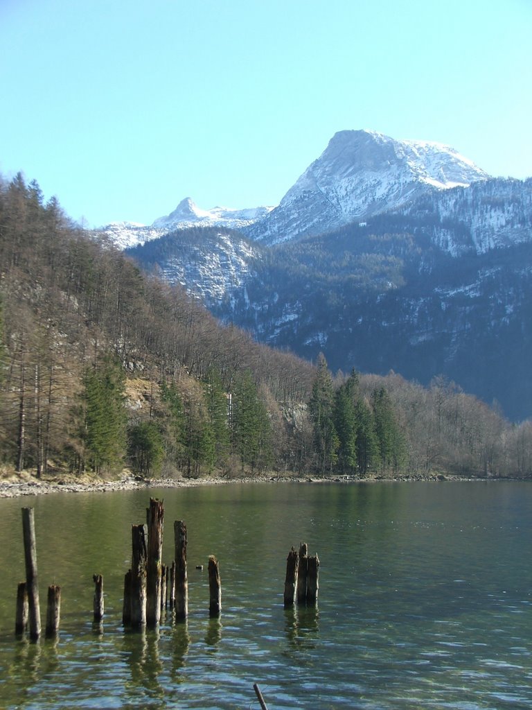 Dachstein range from Hallstatter See ferry pier by John Goodall