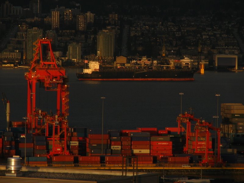 Flat red light... container terminal crane and cargo ship by snorth