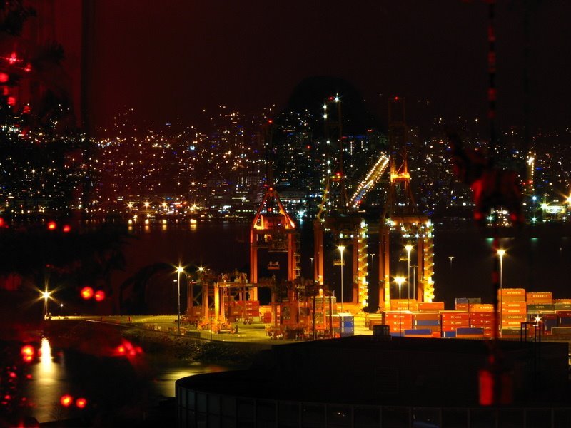 Vancouver Burrard Container Terminal with Christmas tree light reflection by snorth