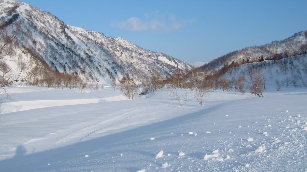 GINZANDAIRA KITANOMATA-LIVER of pure-white snow.　真っ白な雪の銀山平北ノ岐川。 by 伝之助