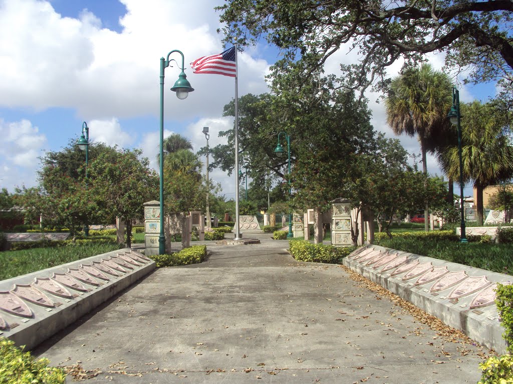 Cuban Culture in Exile Heritage Park-Central Pathway & American Flag by John M Lopez