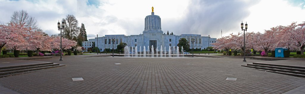 Oregon State Capitol with the Capitol Mall Fountain and Cherry Blossom Trees by © Michael Hatten http://www.sacred-earth-stud