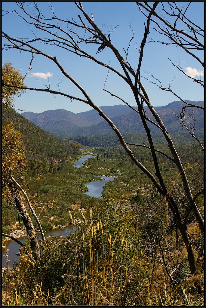 The magnificent Snowy River (post bushfire - the image mapped next to this, is same view, but pre bushfire). by Peter Neaum