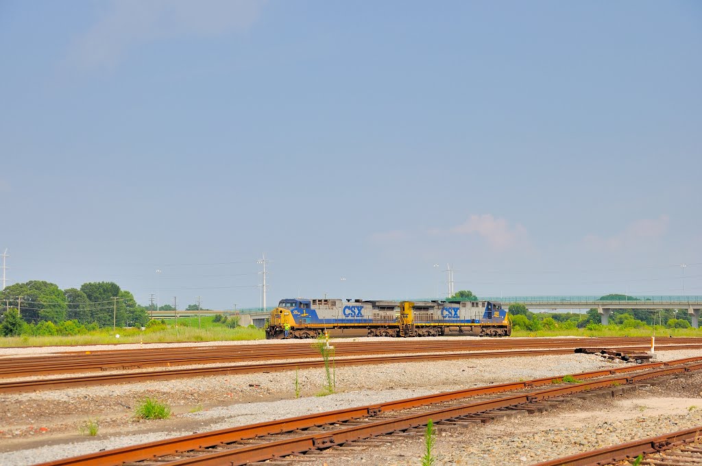 VIRGINIA: NEWPORT NEWS: HUNTINGTON HEIGHTS: CSX engines at play: CSX Engine 1, "Spirit of West Virginia," and CSX Engine 520 near 46th Street and Warwick Boulevard: "No employees were injured in the making of this photograph." by Douglas W. Reynolds, Jr.