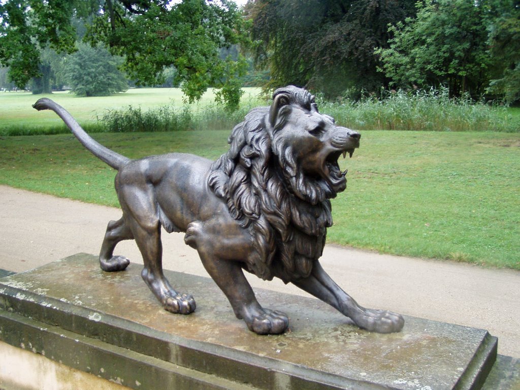 Löwenbronze vor dem Gewächshaus im Branitzer Park by Schwiemonster