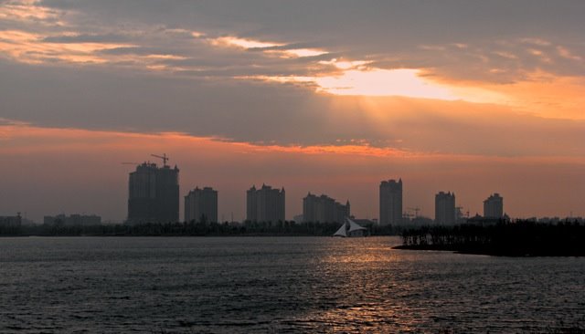 Jiyang Lake reflection morning gray, skyline by chriscahier