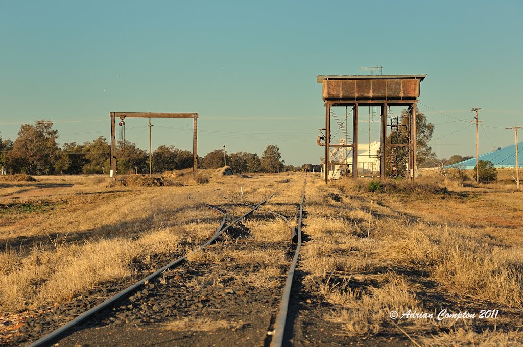 Sunset at Weemalah, view east from end of line with grain storage in background, June 2011. by Adrian Compton