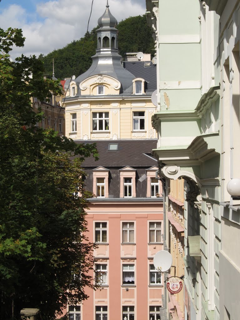 View to Petřín house over pink Moravská house by vo-id