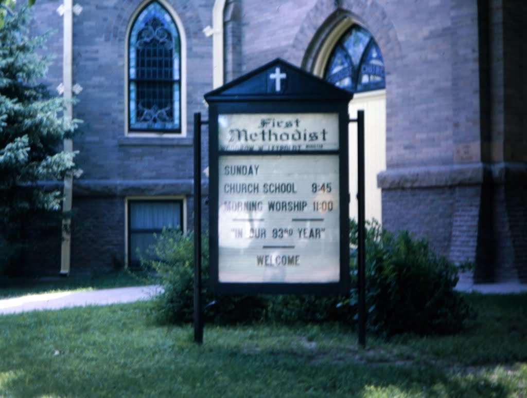 Albion, NE: First Methodist church sign 1964 by pylodet