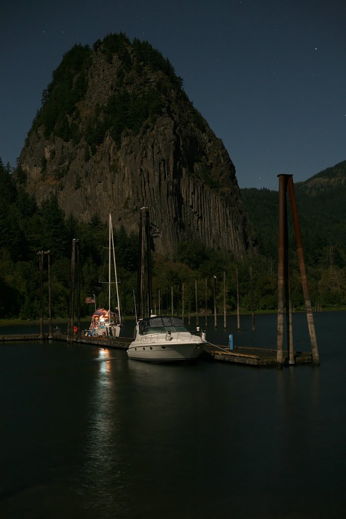 Moonlit Beacon Rock at Midnight, from Beacon Rock State Park Moorage, Washington by nwcamera