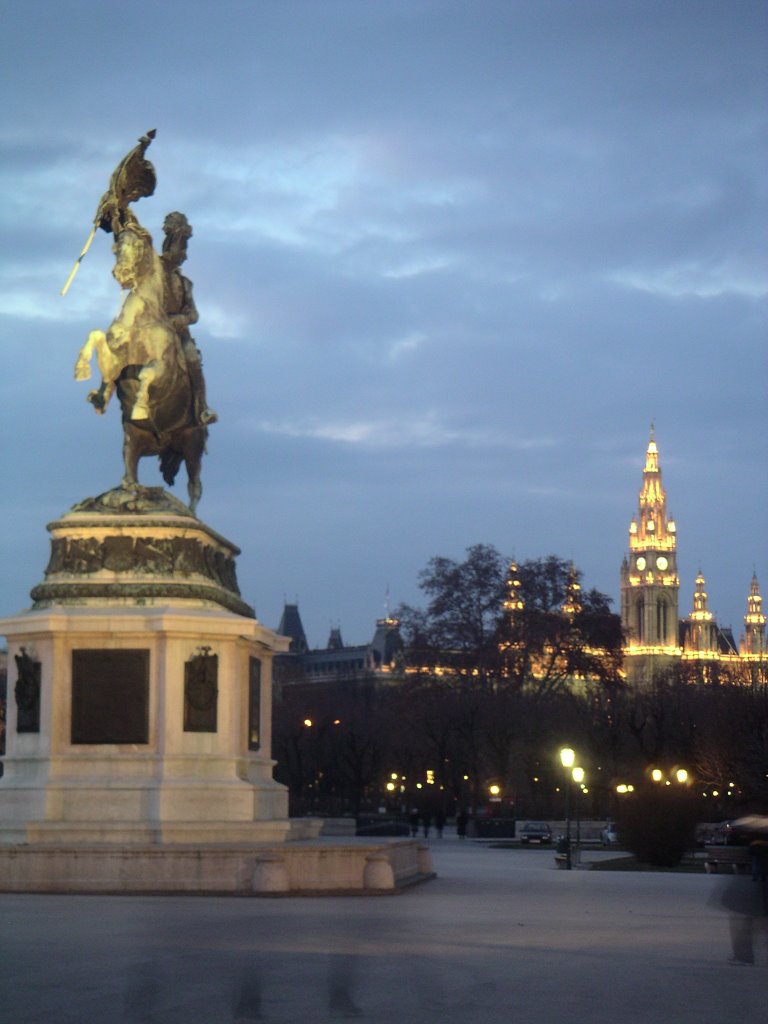 Statue and Town Hall at dusk by Matt Ranftl