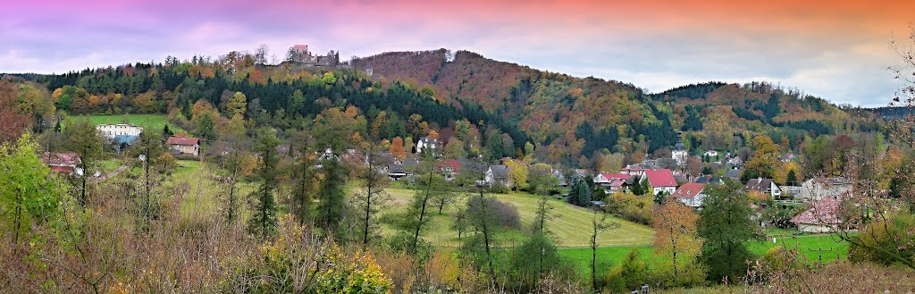 Castle Potštejn, right hills Kapraď and Velešov from railway station Potštejn -CZECH REPUBLIC -2013 by ROSTAMDALILA