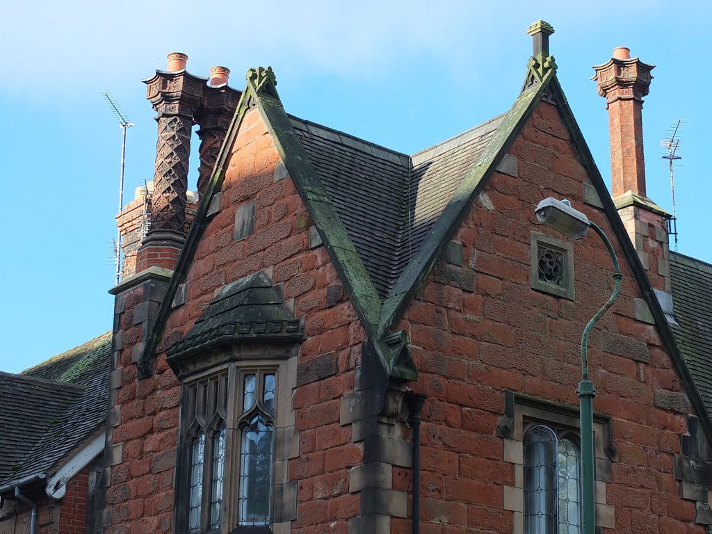 Victorian Gothic style in the fancy brick chimney stacks,Holy Cross House, Shrewsbury. by Bobsky.