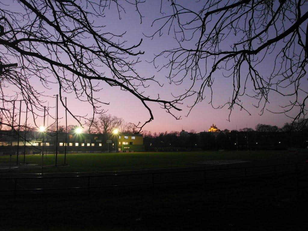 Večerní pohled na stadion a kostel sv. Michala (evening view of the stadium and St. Michael's Church) by Hanulinka